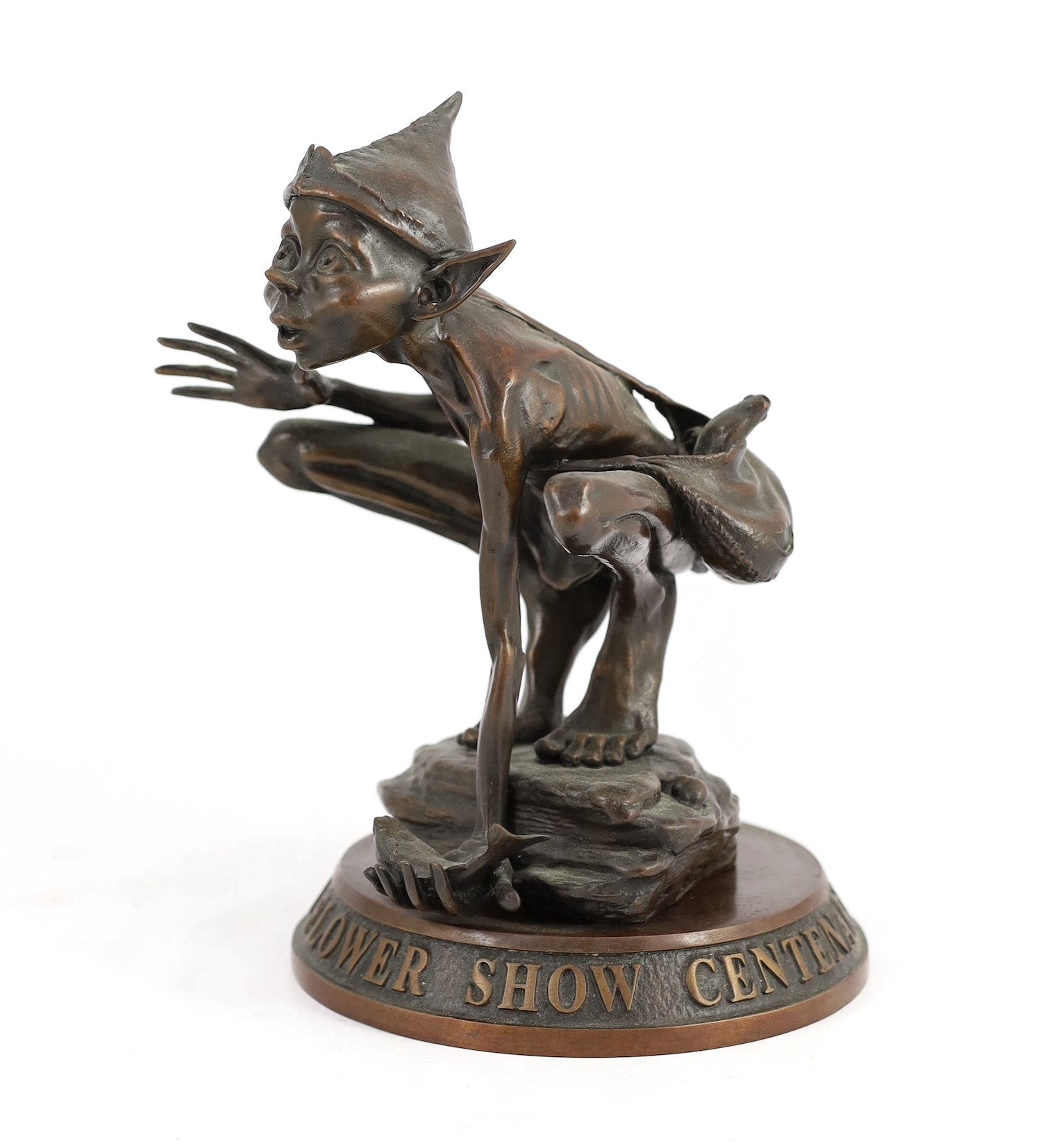 David Goode (British, b.1966). A Chelsea Flower Show Centenary bronze of a crouching pixie tickling a trout, height 23cm